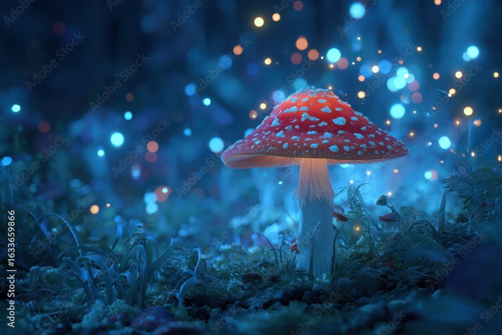 Poster magic mushroom glows in enchanted forest surrounded by flickering orbs of light during a mystical tw