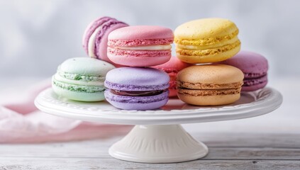 Colorful macarons on a white stand (1)