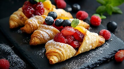 Golden croissants filled with fresh berries and fruit