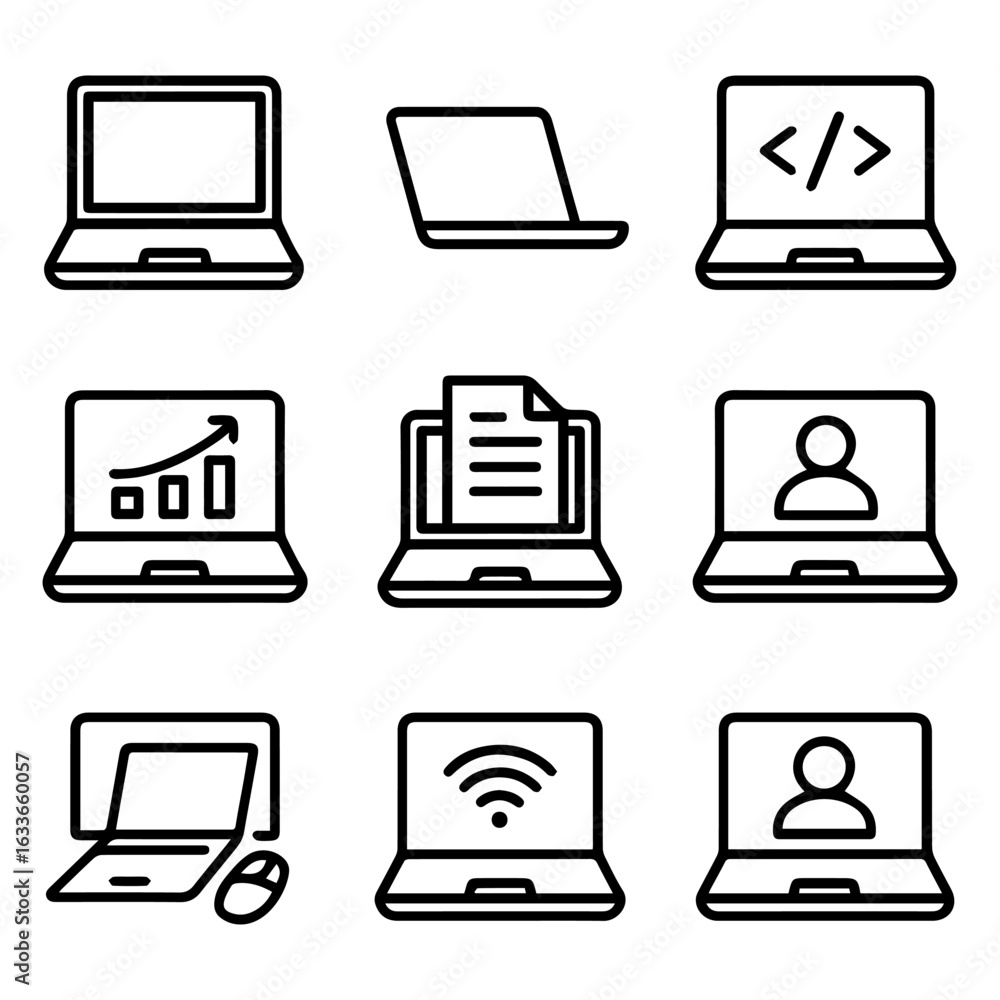 Poster laptop icons set coding chart document profile wifi and mouse.