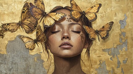 Golden butterfly crowned woman with closed eyes