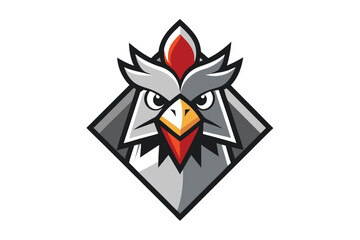 Geometric bird head showcases grey plumage and fierce yellow beak over a white surface