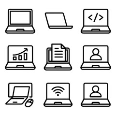 Laptop Icons Set Coding Chart Document Profile Wifi and Mouse.