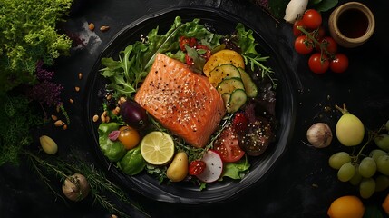 Gourmet salmon salad with fresh fruits and vegetables