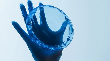 Hand holding a transparent blue globe against a light background