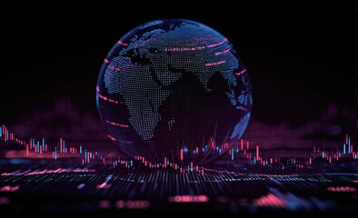 Global financial downturn.  3D Earth model with falling market data