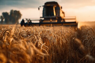 Combine harvester operating during sunset, harvesting wheat in a golden field with soft sunlight illuminating the grains and machinery