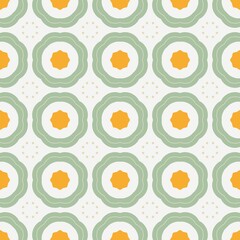 Soft green petals radiate around a bold golden core accented with playful dotted clusters. Meadow Sunflower Tile Seamless Pattern. Flower tile pattern with sage green petals. 