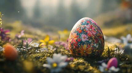 Ornate easter egg rests in a lush spring meadow