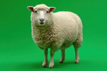Fototapeta premium Realistic sheep walks on a vibrant green screen background, creating an engaging visual for storytelling or educational purposes in animation projects