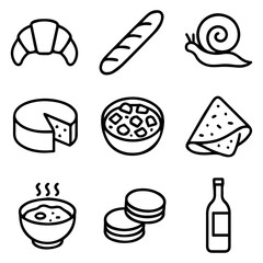 Nine Bold Line Icons Depicting Food and Drink Items.