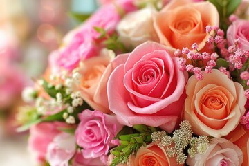 Close-up of a vibrant bouquet of pink and peach roses and filler flowers