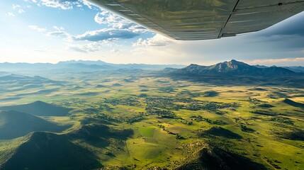 Aerial view of a mountainous landscape, plane wing visible