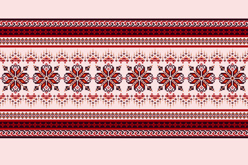 A geometric pixelated floral design in red, symbolizing good fortune.It is a seamless pattern.