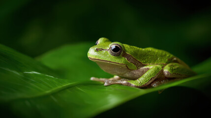 Naklejka premium Green Frog on Vibrant Green Leaf: Studio Lighting Photography