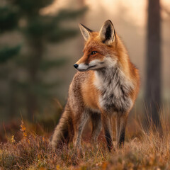 Fototapeta premium Red fox standing in autumn grass with soft natural light and blurred forest background, calm wild animal portrait