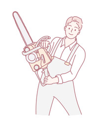 An illustration showcasing a man confidently wielding a chainsaw, executed in a sleek and minimalist artistic style