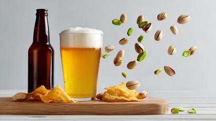 Bottle of beer and a glass of beer with a bowl of chips on a wooden table
