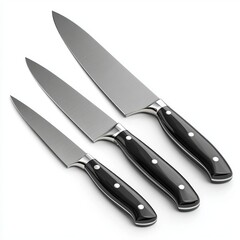 A set of three professional kitchen knives ready for use. These knives are sharp, clean and designed for precision cutting. The blades shine, reflecting light, with black handles for a secure grip.