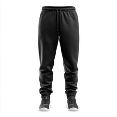 Stylish black sweatpants with matching sneakers, displayed against a minimalist backdrop, perfect for showcasing apparel details.