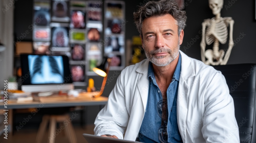 Poster man in a white lab coat sits at a desk with a skeleton on the wall behind him. he is smiling and he 