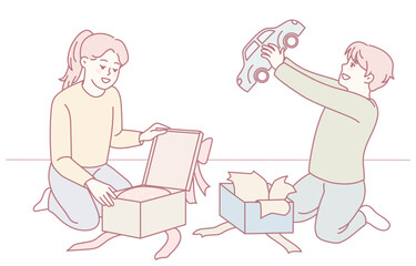 Children are joyfully unboxing their brand new toys, showcasing pure happiness, excitement, and playful fun