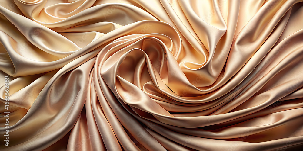 Poster soft satin fabric is elegantly arranged in waves, showcasing a blend of golden and cream shades. the