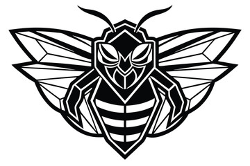 Geometric bee with outlined wings in bold black and white showcases meticulous detail