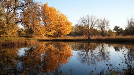 Obraz premium Autumnal pond reflecting golden trees