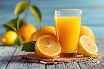Freshly squeezed orange juice alongside ripe oranges on a wooden table with a blue background in a bright kitchen setting