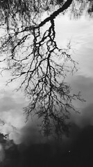 Bare tree branches reflected in still water, monochrome image