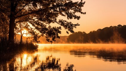 Sunrise mist over tranquil lake