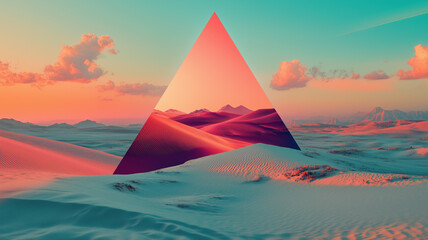 Mirror triangle pyramid in a desert landscape. Triangular geometric structure in nature. AI artwork.