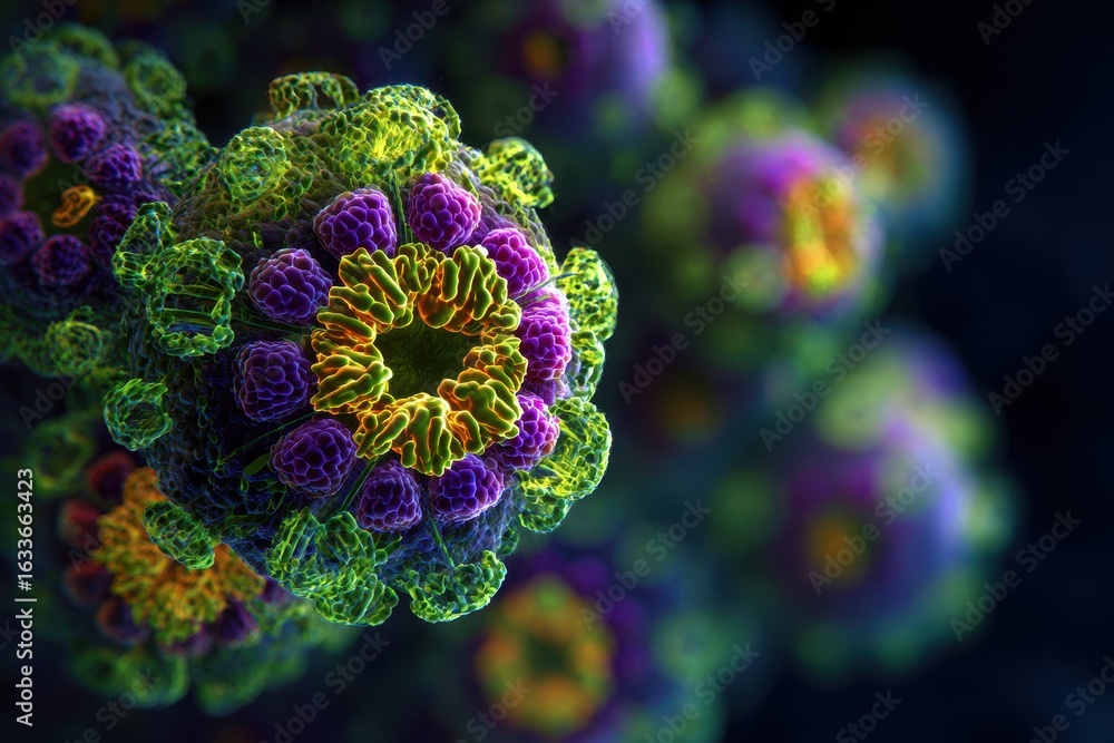 Poster vibrant virus particles captured under microscope showcasing intricate structures and colorful detai