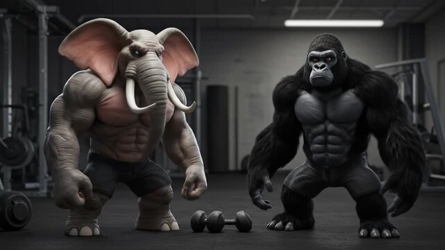 Anthropomorphic elephant and gorilla in gym setting