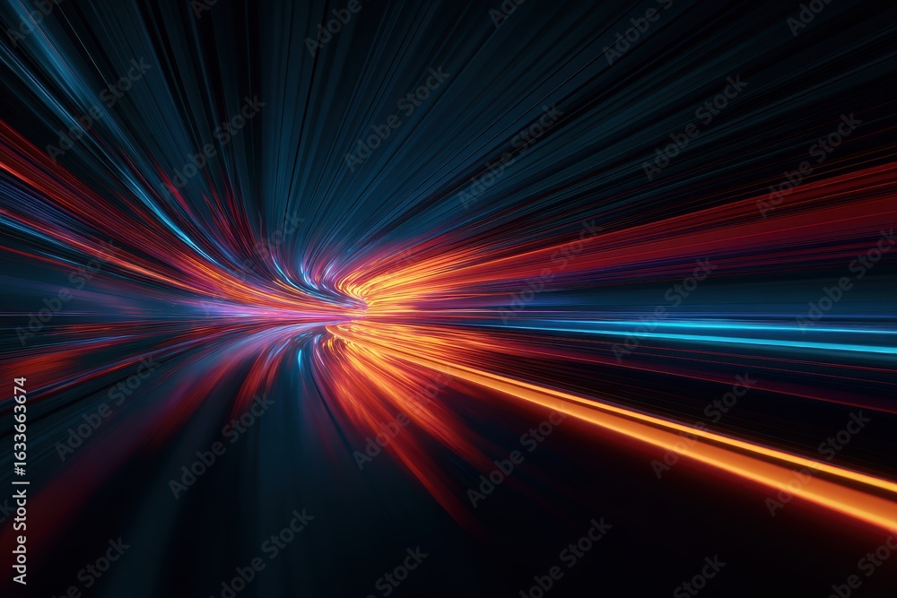 Poster colorful light streaks create a vibrant futuristic tunnel effect with dynamic movement in a dark spa