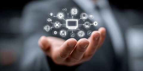 Naklejka premium A digital wireframe hologram of a fighter jet on a dark tarmac, glowing blue with detailed lines, showcasing modern aerospace design 