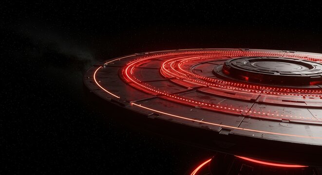 Ominous Circular Mothership with Glowing Red Rings in Starry Deep Space