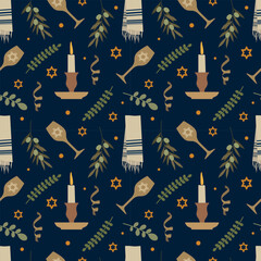 Yom Kippur Seamless Pattern.  Traditional Jewish Celebration Elements Vector Illustration. olive branches, and ceremonial items arranged on a dark background.