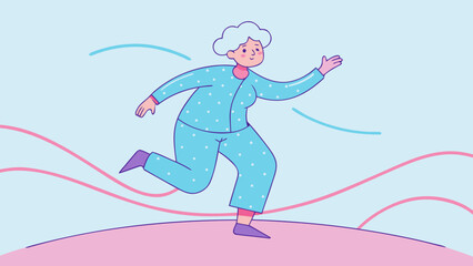 Elderly woman running playfully in pajamas, expressing carefree joy and the whimsical spirit of kidults