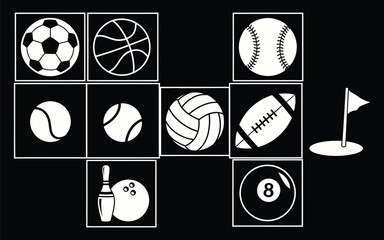 Fototapeta premium Collection of various sport balls including soccer, basketball, baseball, tennis, volleyball, football, golf, bowling, and billiard ball icons