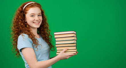 Red-haired girl holding books and smiling on green screen