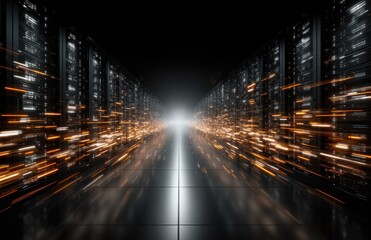 Dark server room with glowing data streams