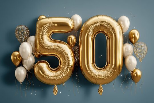 Celebration of turning fifty with elegant gold numbers and festive balloons arranged creatively on a blue background