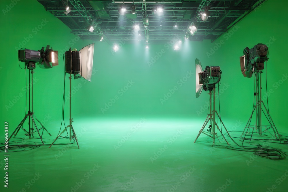 Poster empty green screen studio with lighting setup ready for filming activities in a professional environ