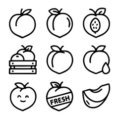 Peach Icon Set Simple Line Art with Smiling Face Fresh Label and Fruit Crate.