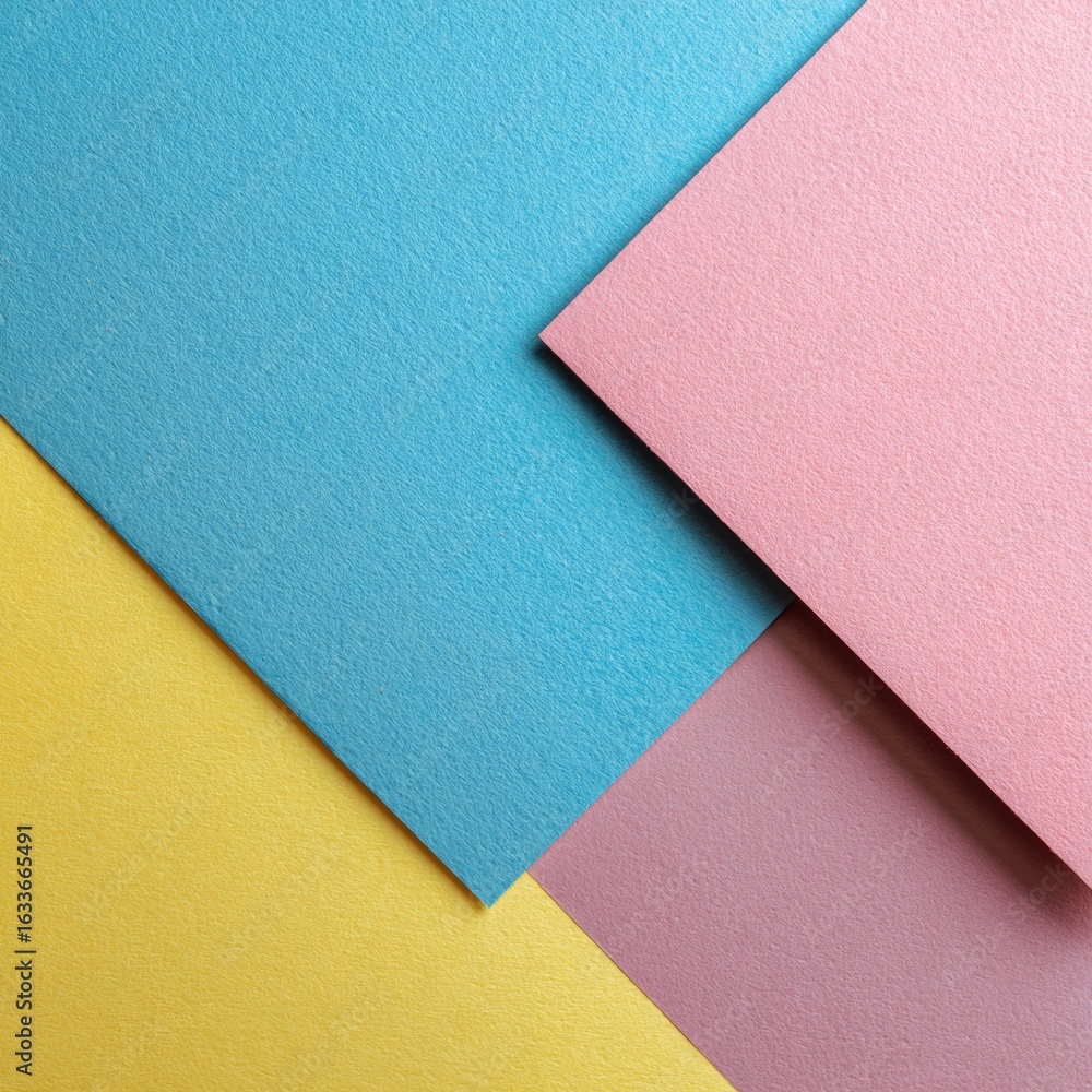 Poster abstract composition featuring sheets of pastel-colored paper arranged in a geometric pattern, creat