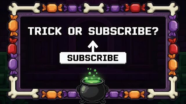 Halloween themed retro 8 bit video game subscribe screen