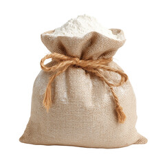 a burlap sack filled with white flour. tied with twine. against a white background