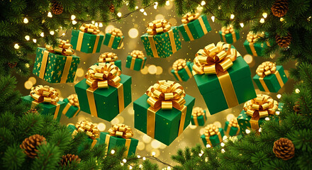 Surprise festive gifts cascade with golden bows amidst twinkling lights and pine branches, evoking holiday cheer